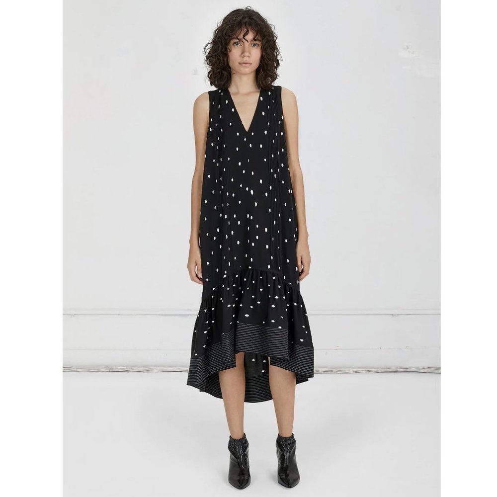 3.1 Phillip Lim Snowbird Printed Silk Dress with High-Low Hem / Size 2 / Black